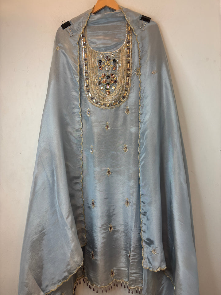 Powder Blue Tissue Handworked Suit Set with Dabka &amp; Cutdana Detailing