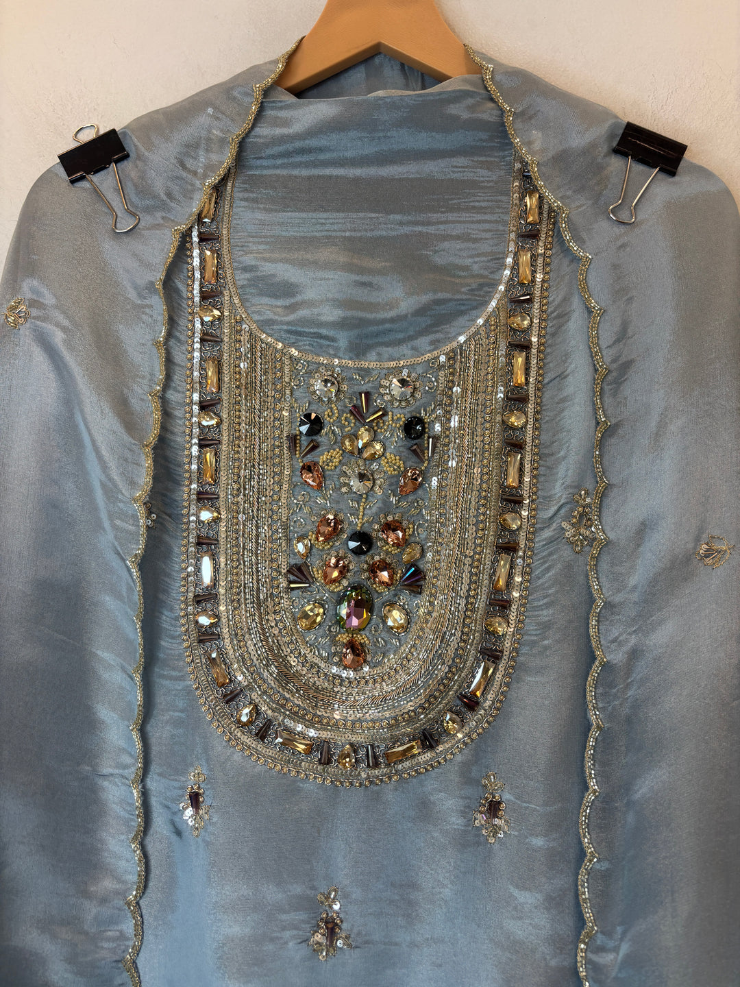 Powder Blue Tissue Handworked Suit Set with Dabka &amp; Cutdana Detailing