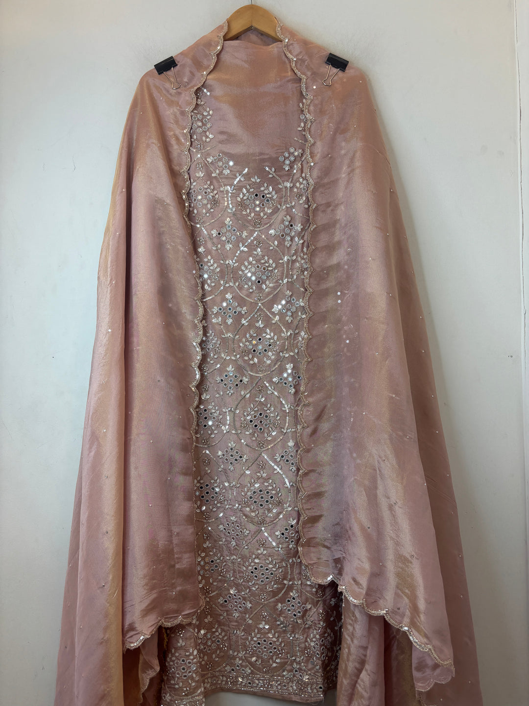 Peach Tissue Shimmer Unstitched Suit Set with Mirror &amp; 3D Floral Work