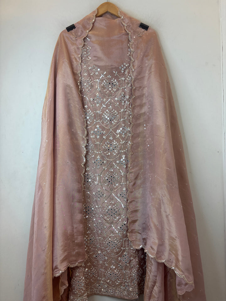 Peach Tissue Shimmer Unstitched Suit Set with Mirror &amp; 3D Floral Work