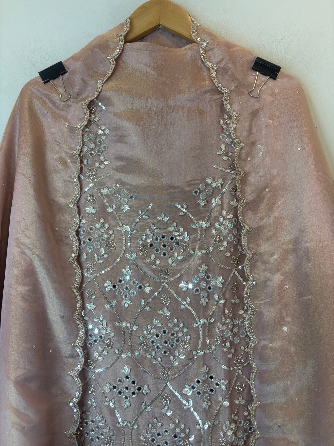 Peach Tissue Shimmer Unstitched Suit Set with Mirror &amp; 3D Floral Work