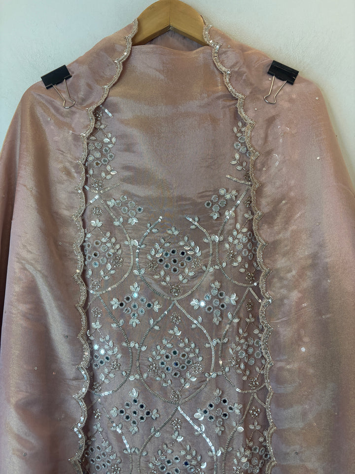 Peach Tissue Shimmer Unstitched Suit Set with Mirror &amp; 3D Floral Work