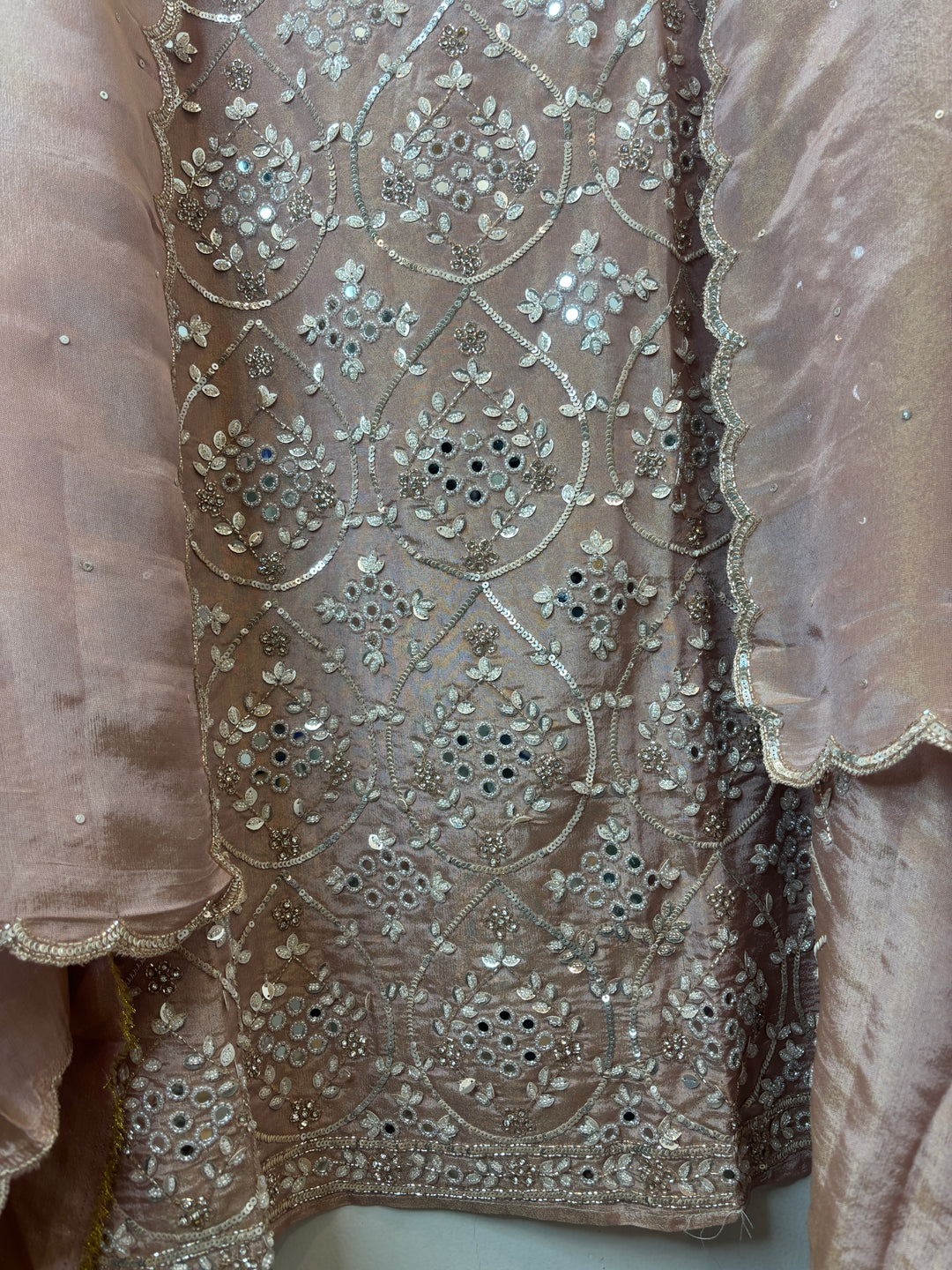 Peach Tissue Shimmer Unstitched Suit Set with Mirror &amp; 3D Floral Work