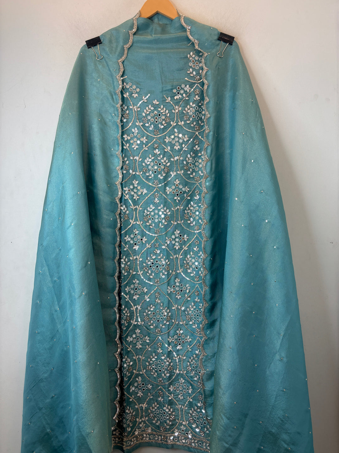 Aqua Blue Tissue Shimmer Unstitched Suit Set with Mirror &amp; 3D Floral Work