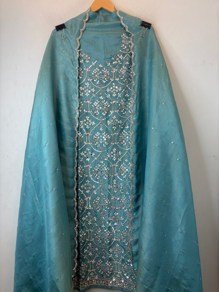 Aqua Blue Tissue Shimmer Unstitched Suit Set with Mirror &amp; 3D Floral Work
