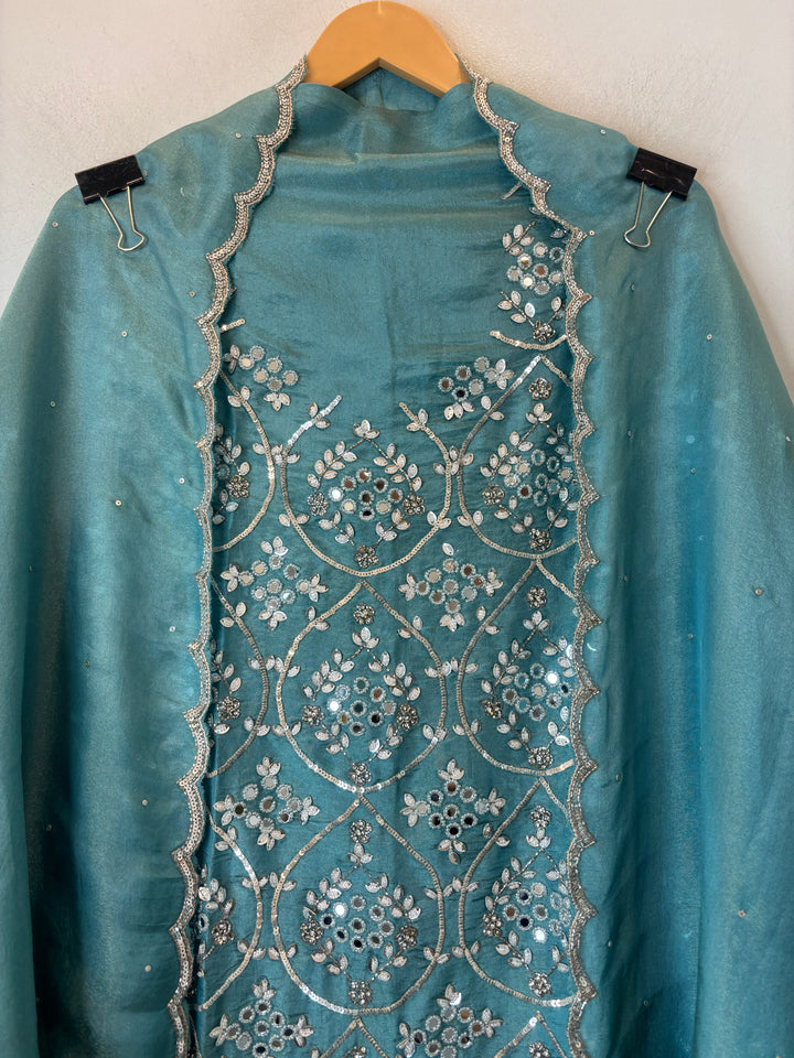Aqua Blue Tissue Shimmer Unstitched Suit Set with Mirror &amp; 3D Floral Work