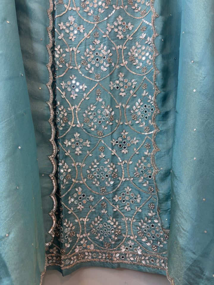 Aqua Blue Tissue Shimmer Unstitched Suit Set with Mirror &amp; 3D Floral Work