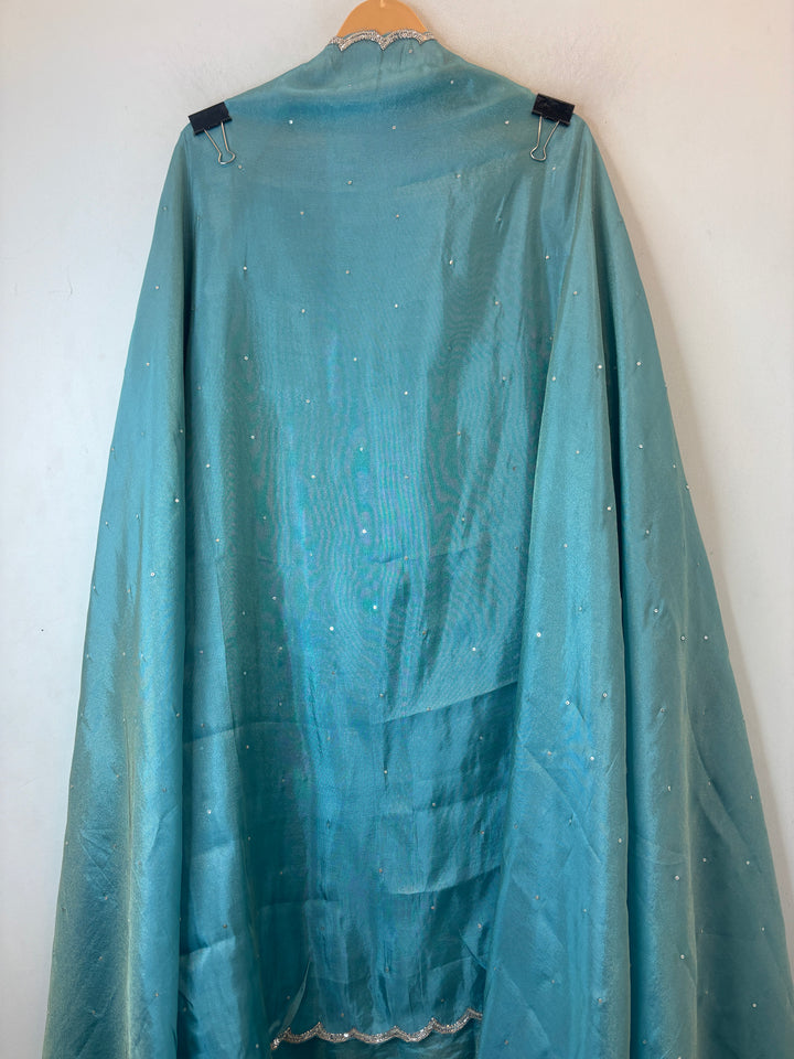 Aqua Blue Tissue Shimmer Unstitched Suit Set with Mirror &amp; 3D Floral Work
