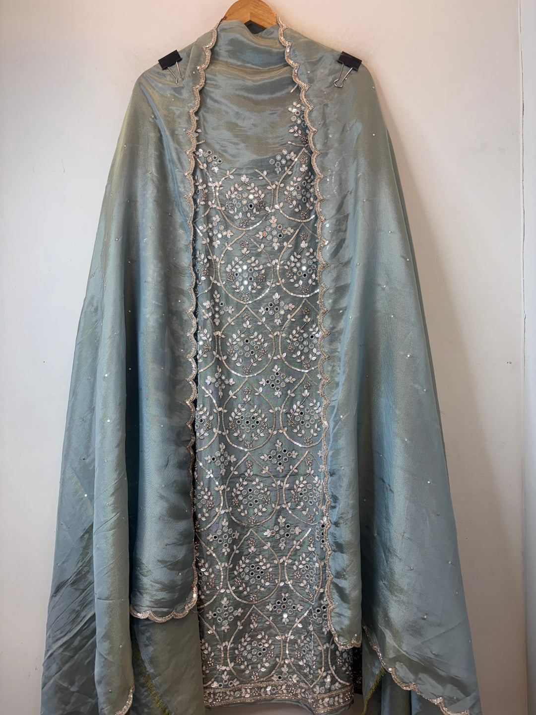 Smoky Ice Blue Tissue Shimmer Unstitched Suit Set with Mirror &amp; 3D Floral Work