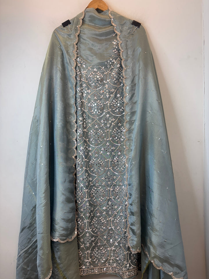 Smoky Ice Blue Tissue Shimmer Unstitched Suit Set with Mirror &amp; 3D Floral Work