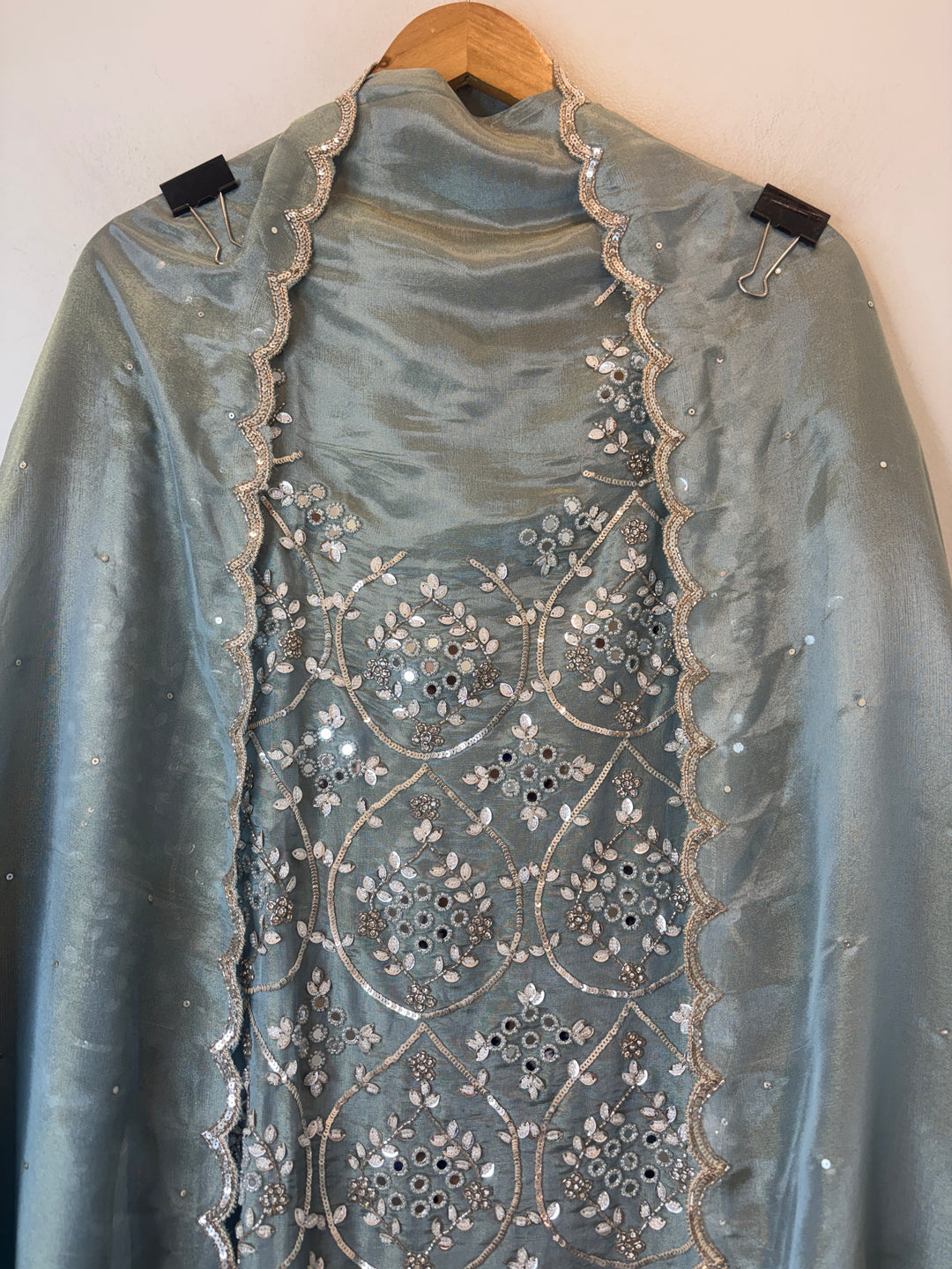 Smoky Ice Blue Tissue Shimmer Unstitched Suit Set with Mirror &amp; 3D Floral Work