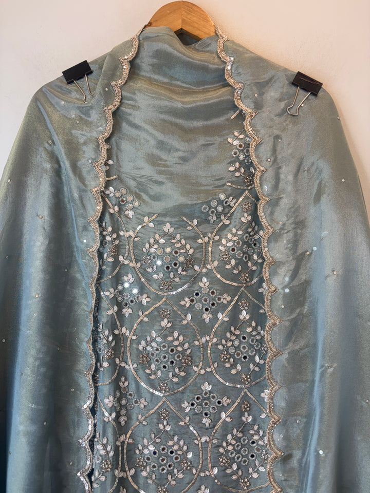 Smoky Ice Blue Tissue Shimmer Unstitched Suit Set with Mirror &amp; 3D Floral Work