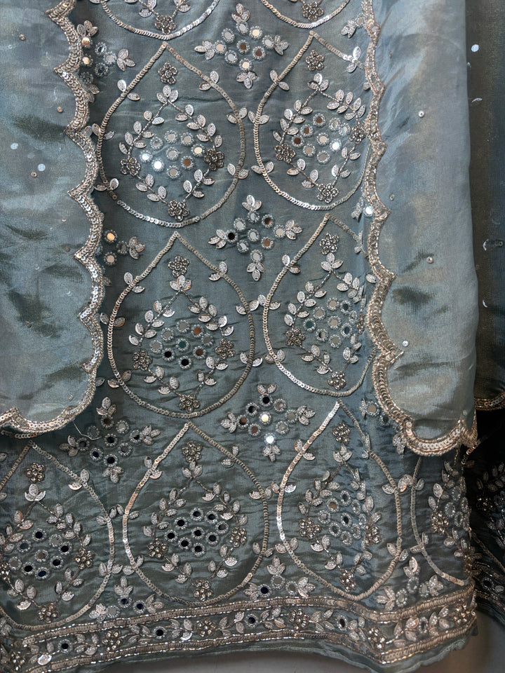 Smoky Ice Blue Tissue Shimmer Unstitched Suit Set with Mirror &amp; 3D Floral Work