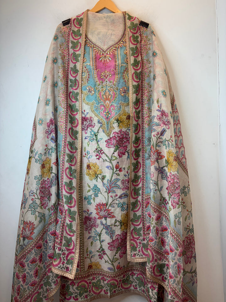 Blue Mul Cotton Digital Pearl Suit