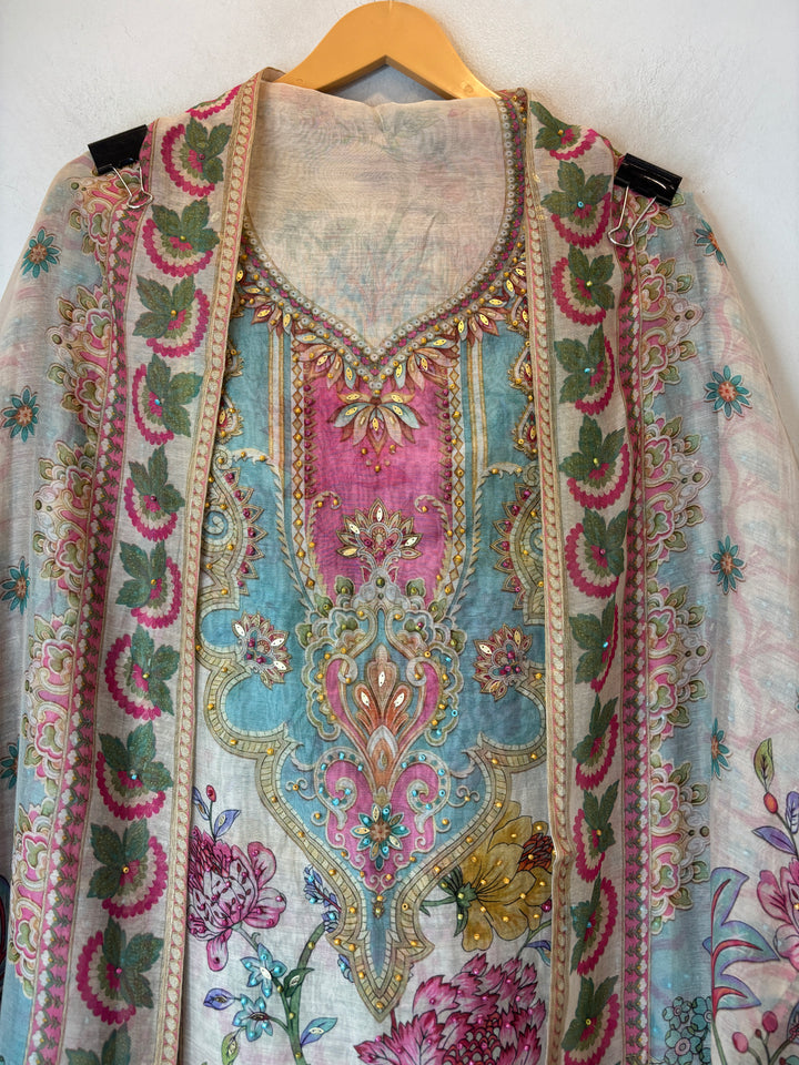 Blue Mul Cotton Digital Pearl Suit