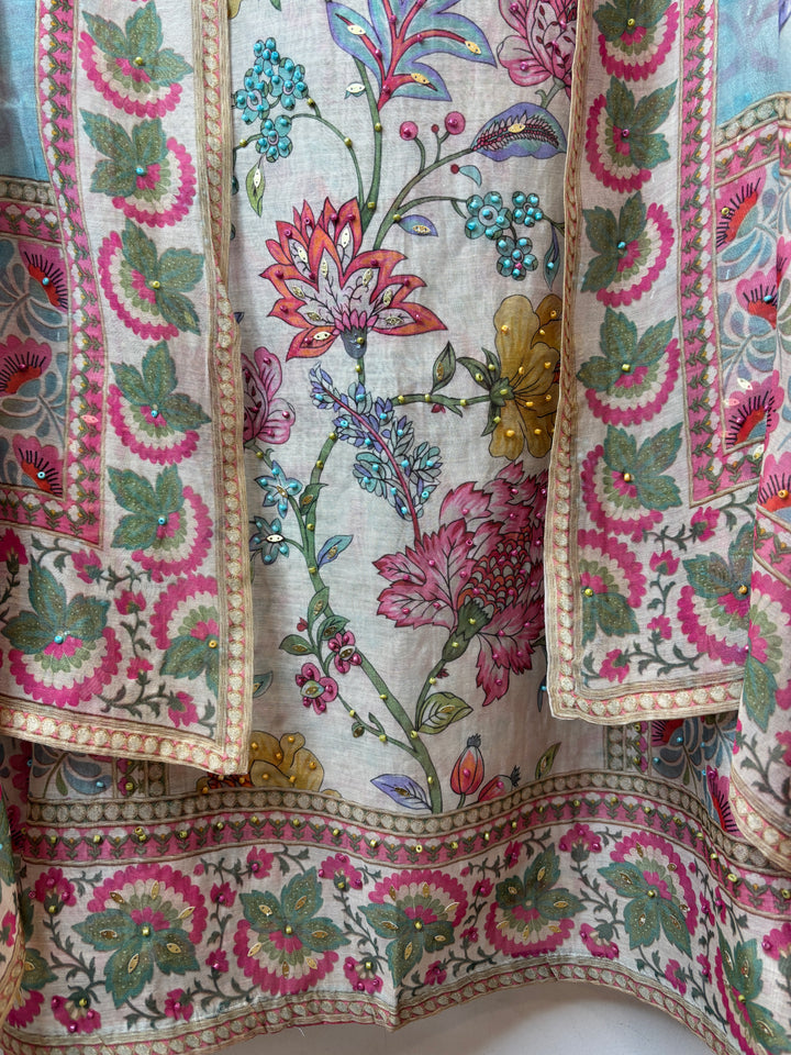 Blue Mul Cotton Digital Pearl Suit