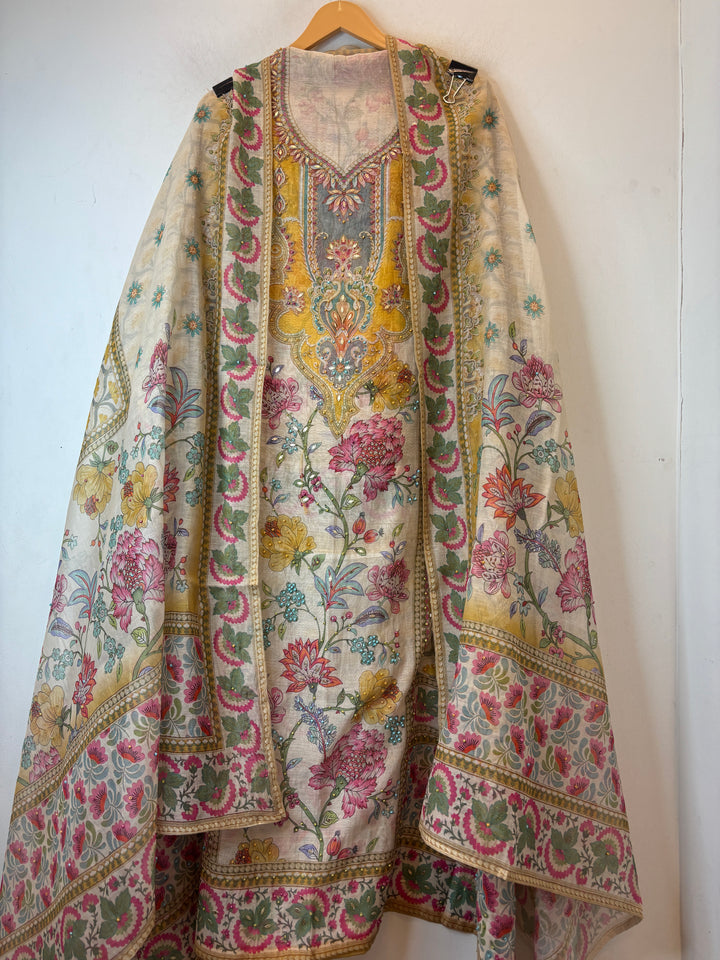 Yellow Mul Cotton Digital Pearl Suit