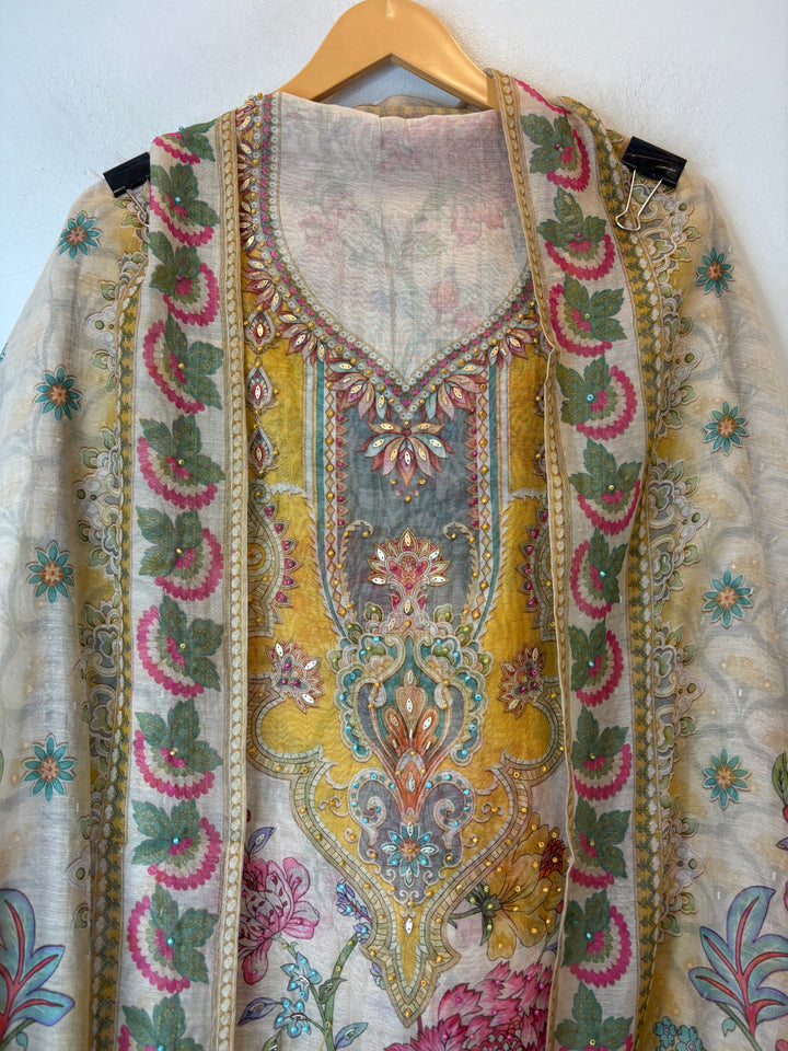 Yellow Mul Cotton Digital Pearl Suit