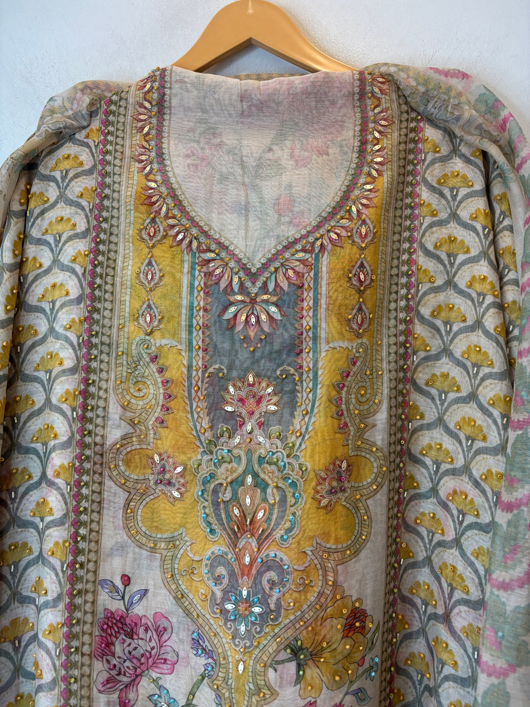 Yellow Mul Cotton Digital Pearl Suit