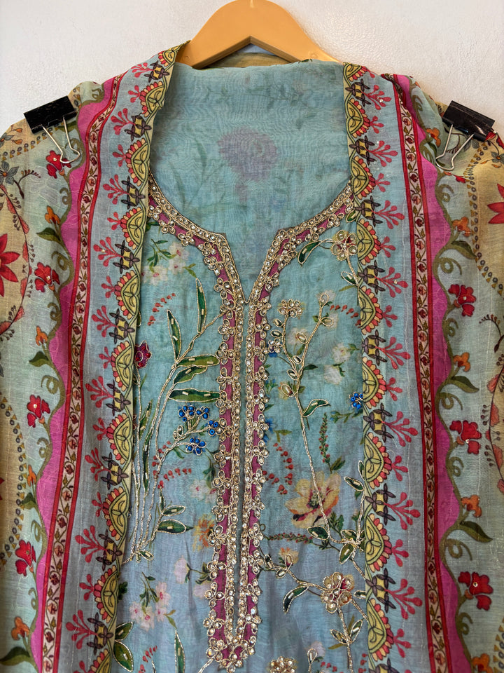Blue Mul Cotton Printed Suit Set with Thread Embroidery &amp; Nalki Work