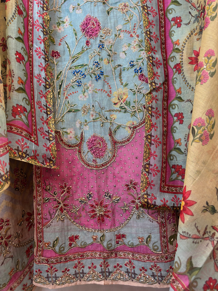 Blue Mul Cotton Printed Suit Set with Thread Embroidery &amp; Nalki Work