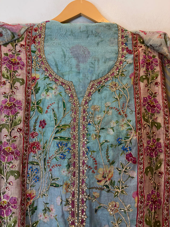 Blue Mul Cotton Printed Suit Set with Thread Embroidery &amp; Nalki Work