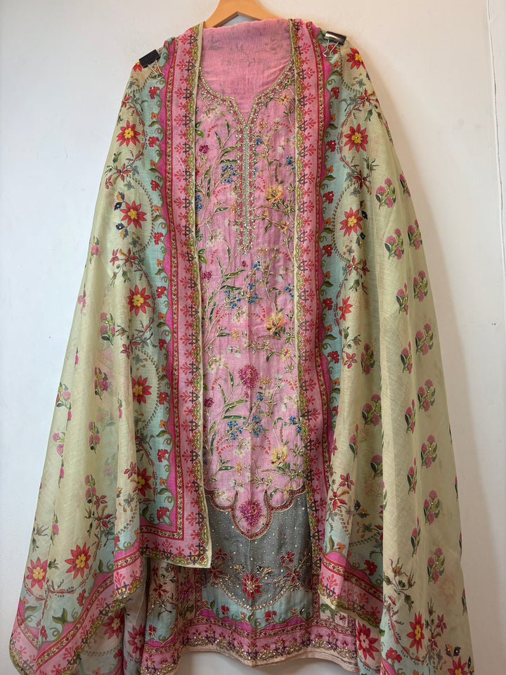 Pink Mul Cotton Printed Suit Set with Thread Embroidery &amp; Nalki Work