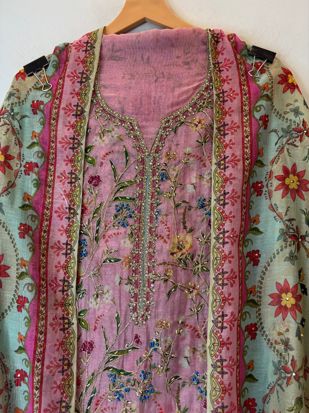 Pink Mul Cotton Printed Suit Set with Thread Embroidery &amp; Nalki Work
