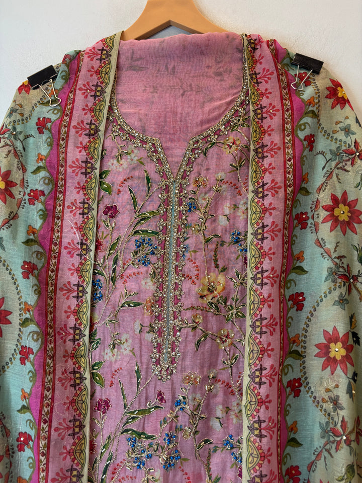Pink Mul Cotton Printed Suit Set with Thread Embroidery &amp; Nalki Work