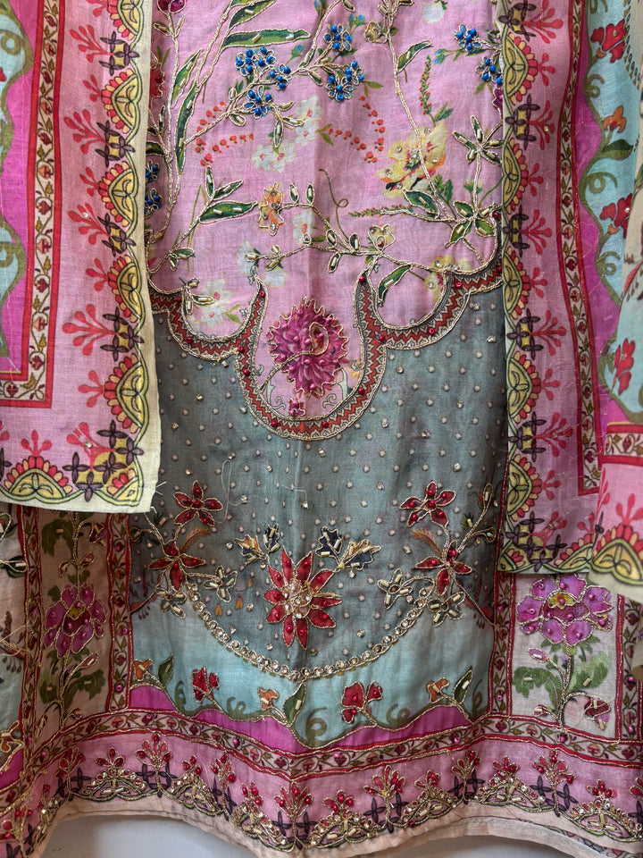 Pink Mul Cotton Printed Suit Set with Thread Embroidery &amp; Nalki Work