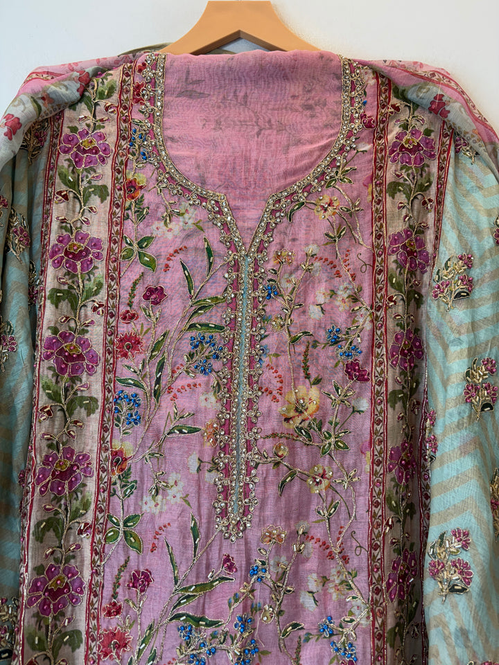 Pink Mul Cotton Printed Suit Set with Thread Embroidery &amp; Nalki Work