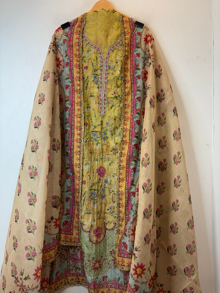Yellow Mul Cotton Printed Suit Set with Thread Embroidery &amp; Nalki Work