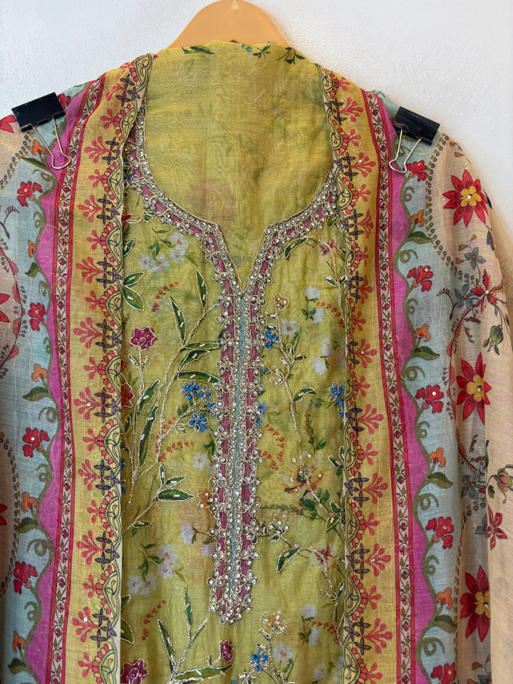 Yellow Mul Cotton Printed Suit Set with Thread Embroidery &amp; Nalki Work