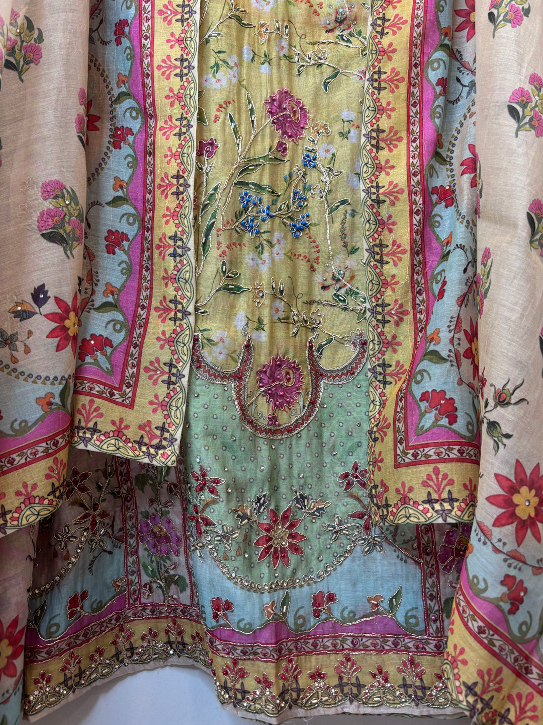Yellow Mul Cotton Printed Suit Set with Thread Embroidery &amp; Nalki Work