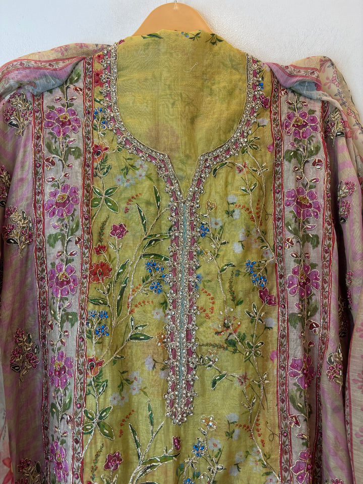 Yellow Mul Cotton Printed Suit Set with Thread Embroidery &amp; Nalki Work