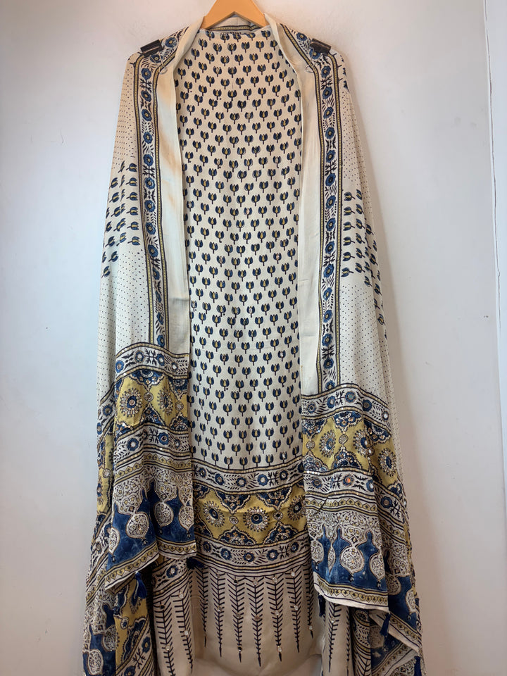 Ivory Pure Ajrakh Modal Suit Set with Mirror &amp; Lotus Handwork