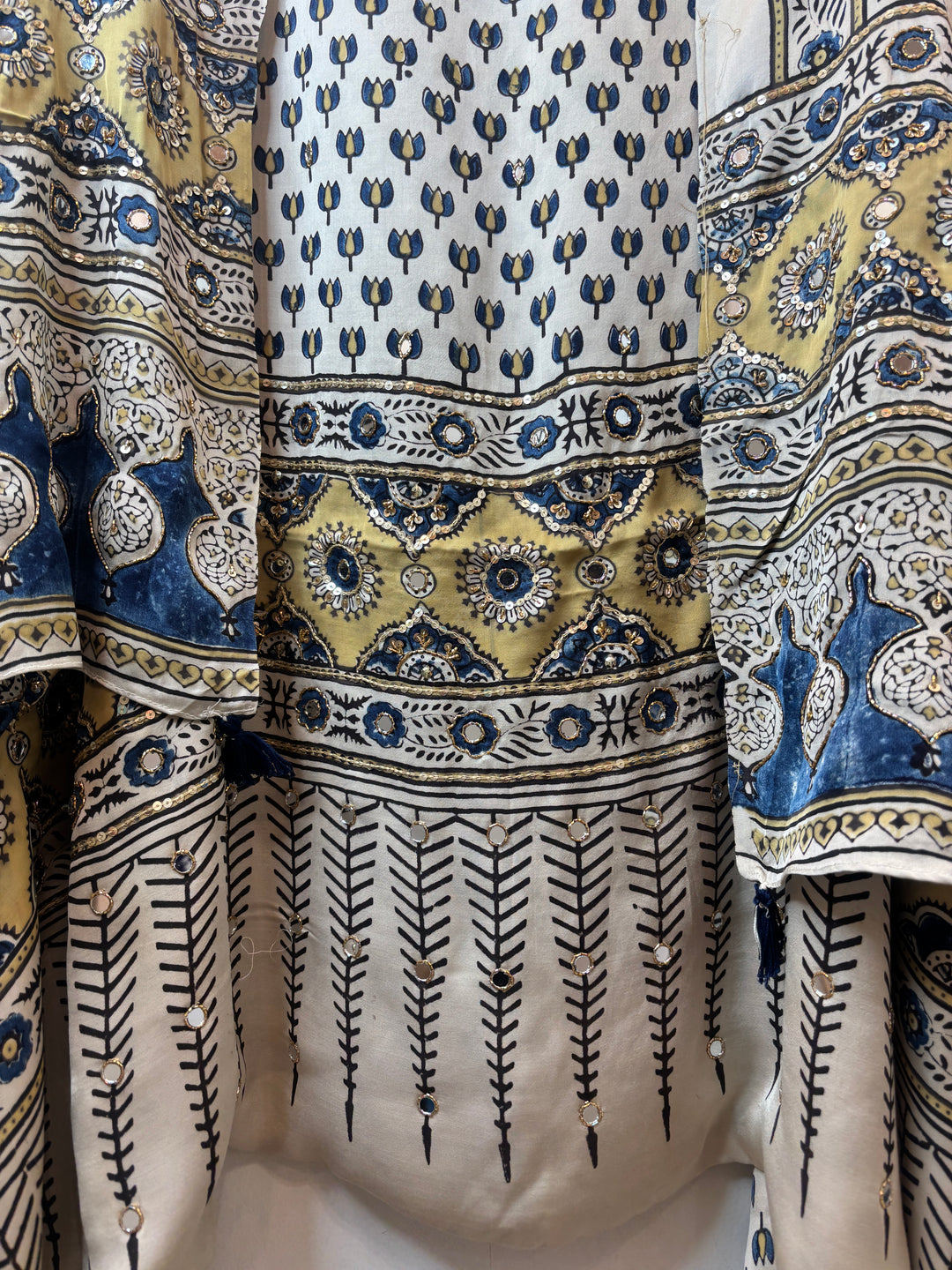 Ivory Pure Ajrakh Modal Suit Set with Mirror &amp; Lotus Handwork