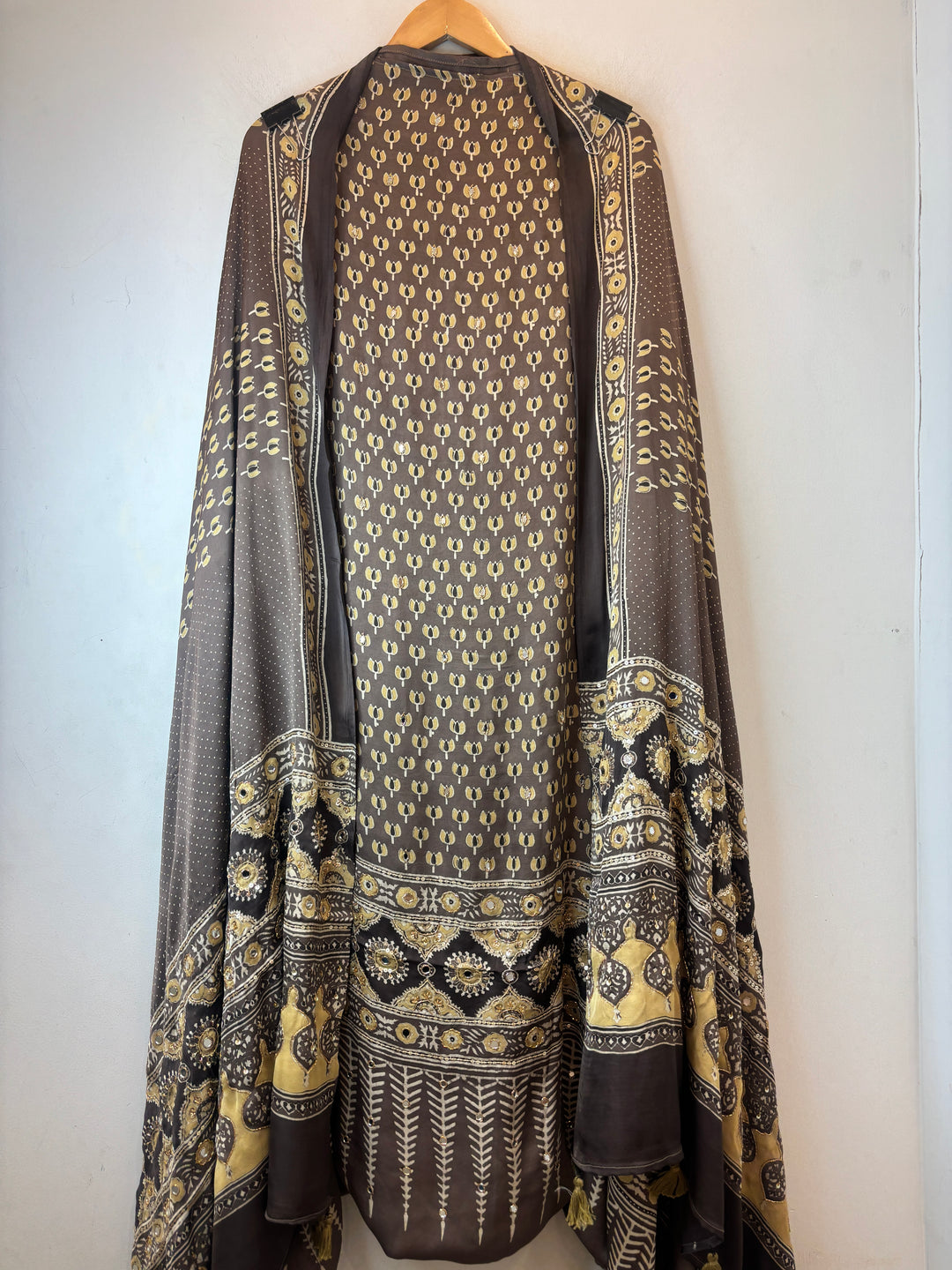 Brown Pure Ajrakh Modal Suit Set with Mirror &amp; Lotus Handwork