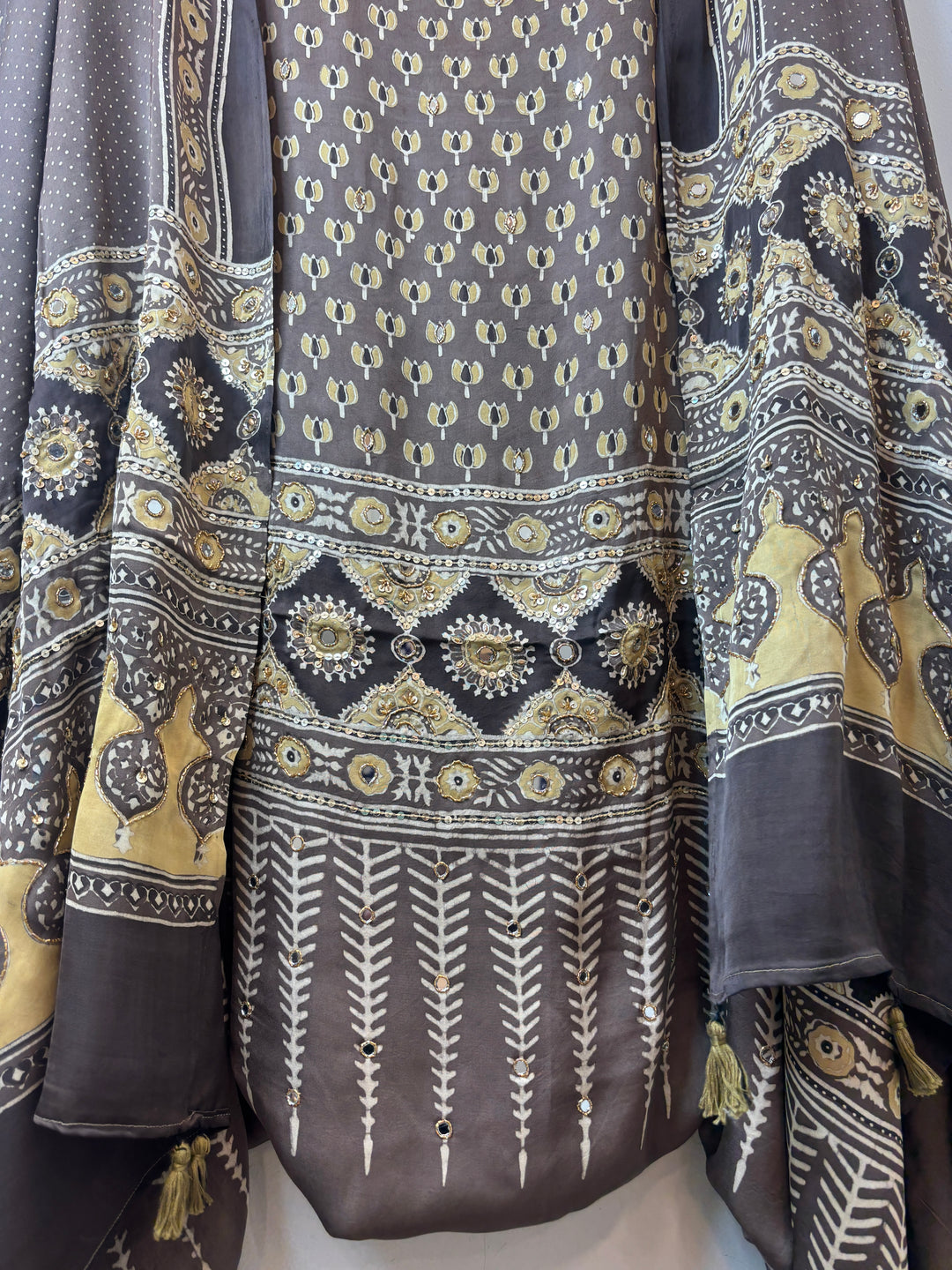 Brown Pure Ajrakh Modal Suit Set with Mirror &amp; Lotus Handwork