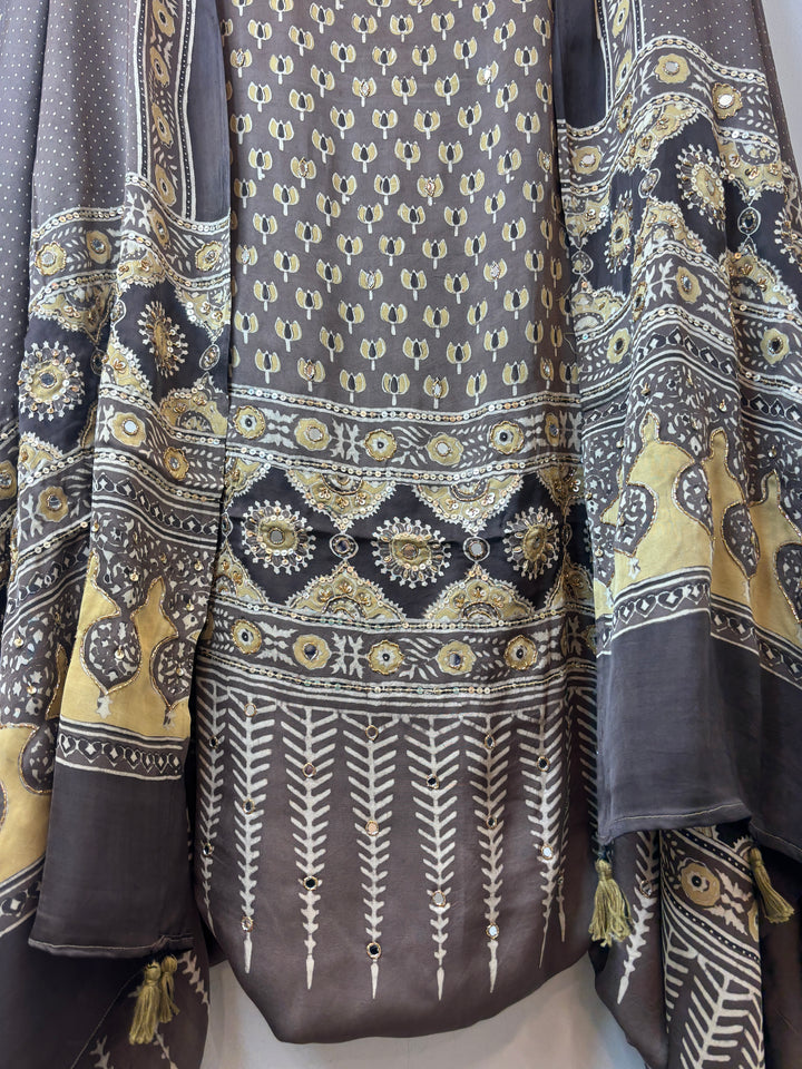 Brown Pure Ajrakh Modal Suit Set with Mirror &amp; Lotus Handwork