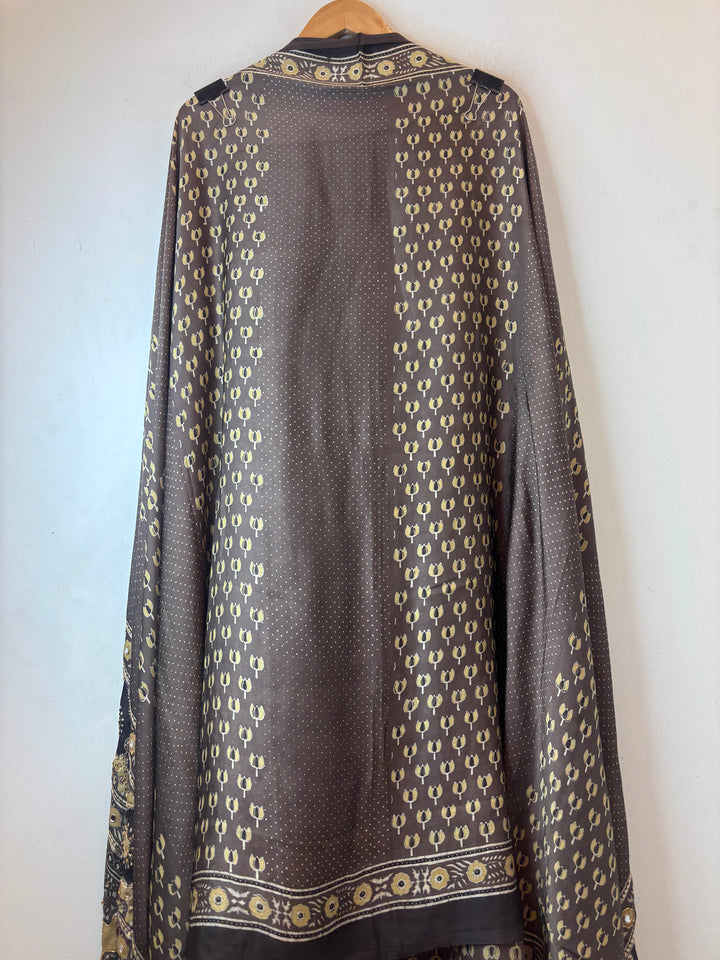 Brown Pure Ajrakh Modal Suit Set with Mirror &amp; Lotus Handwork