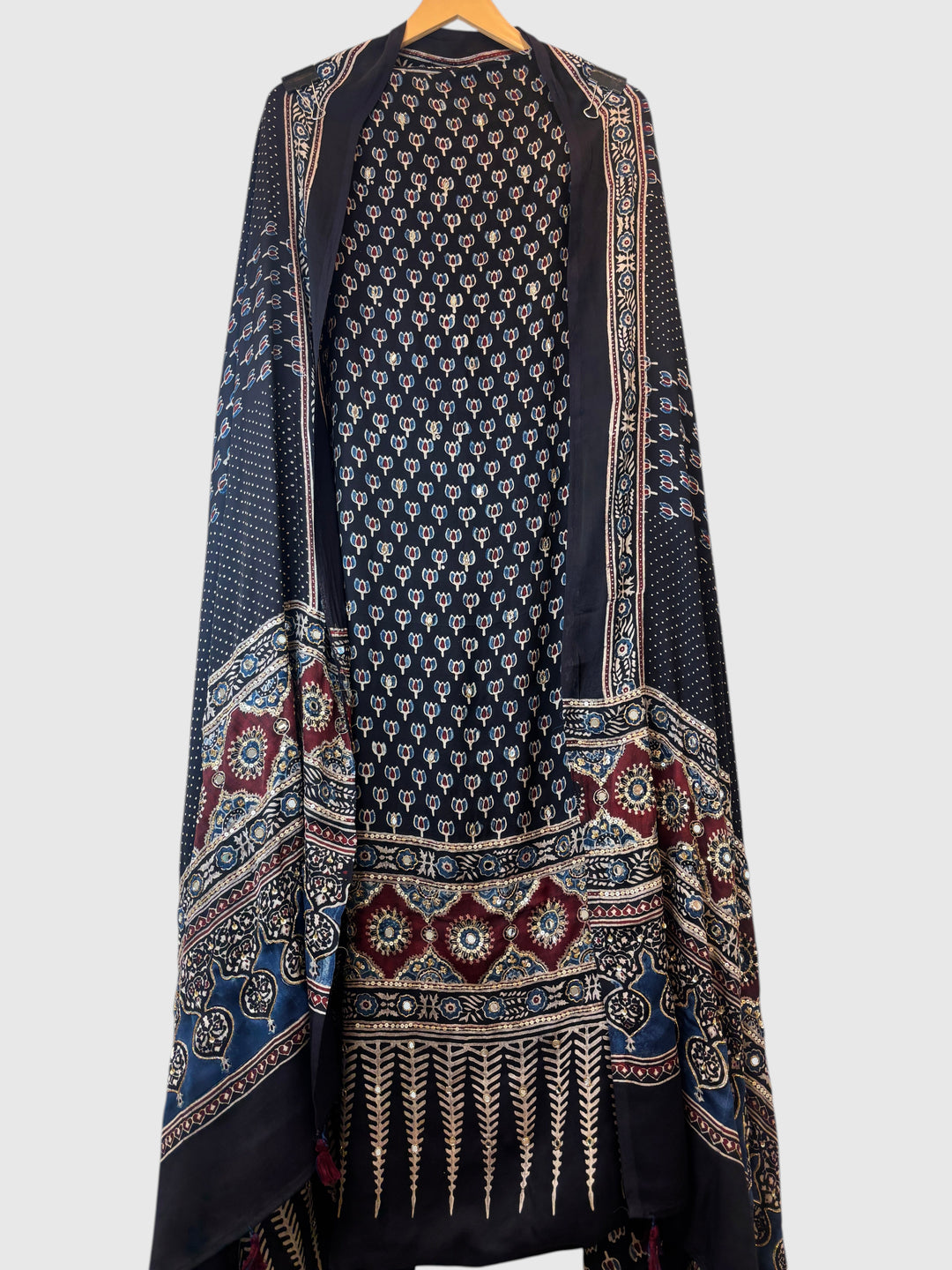 Black Pure Ajrakh Modal Suit Set with Mirror &amp; Lotus Handwork