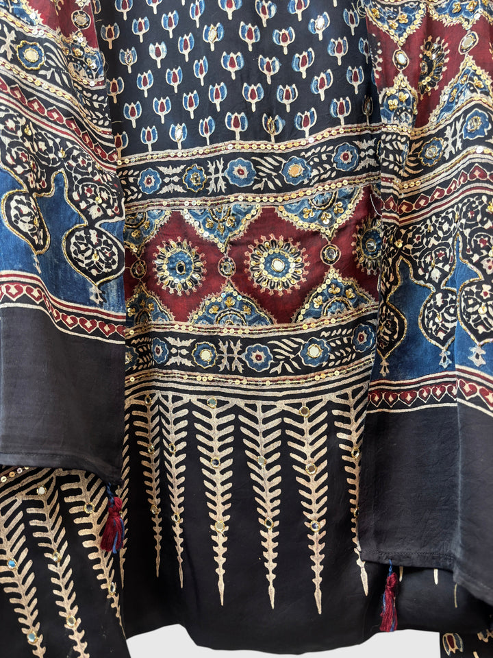 Black Pure Ajrakh Modal Suit Set with Mirror &amp; Lotus Handwork