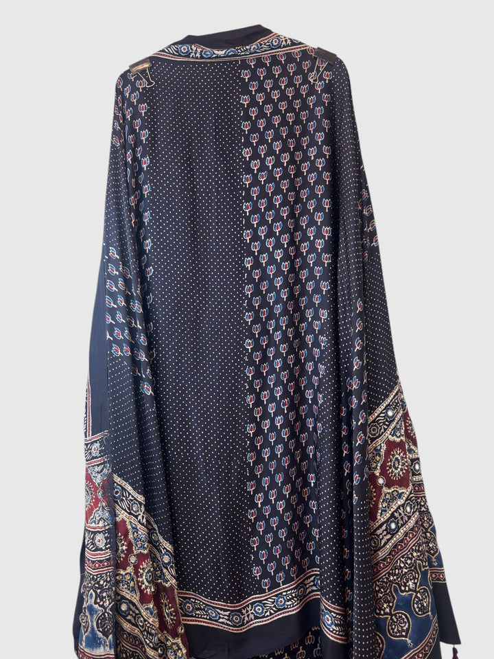 Black Pure Ajrakh Modal Suit Set with Mirror &amp; Lotus Handwork