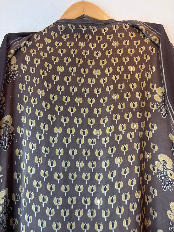 Brown Pure Ajrakh Modal Suit Set with Mirror &amp; Lotus Handwork