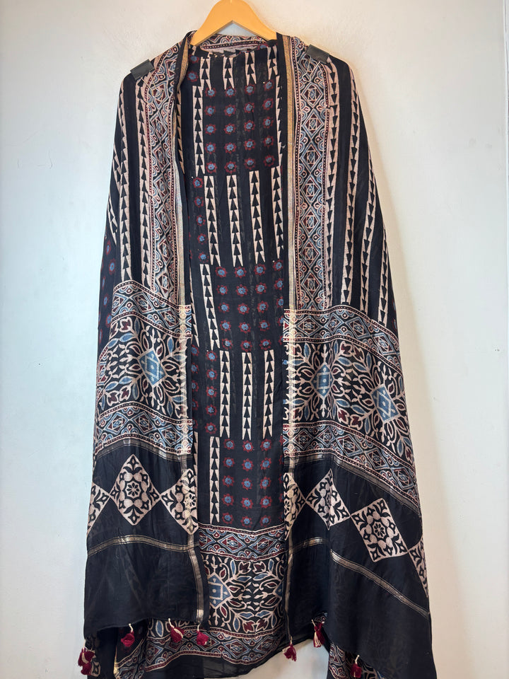 Black Mul Chanderi Ajrakh Printed Unstitched Suit Set