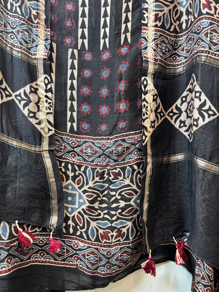 Black Mul Chanderi Ajrakh Printed Unstitched Suit Set