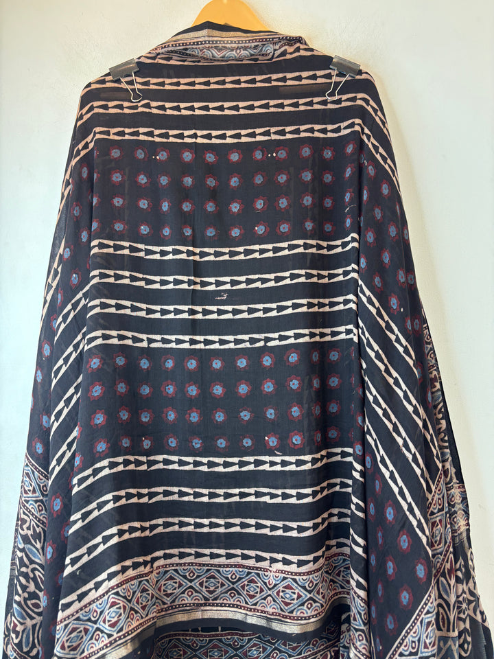 Black Mul Chanderi Ajrakh Printed Unstitched Suit Set