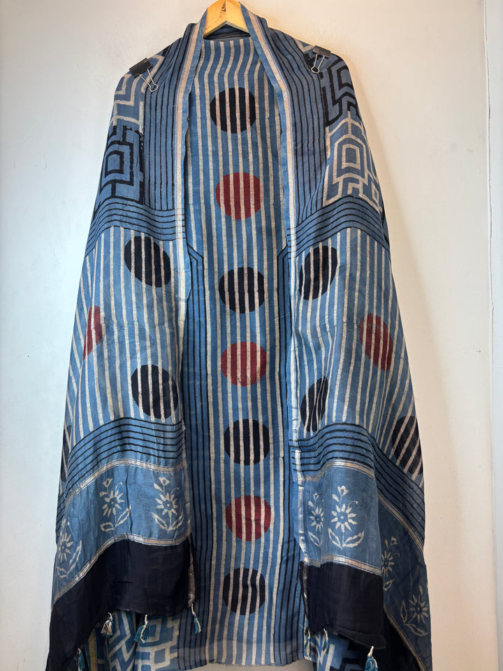 Blue Mul Chanderi Ajrakh Printed Unstitched Suit Set
