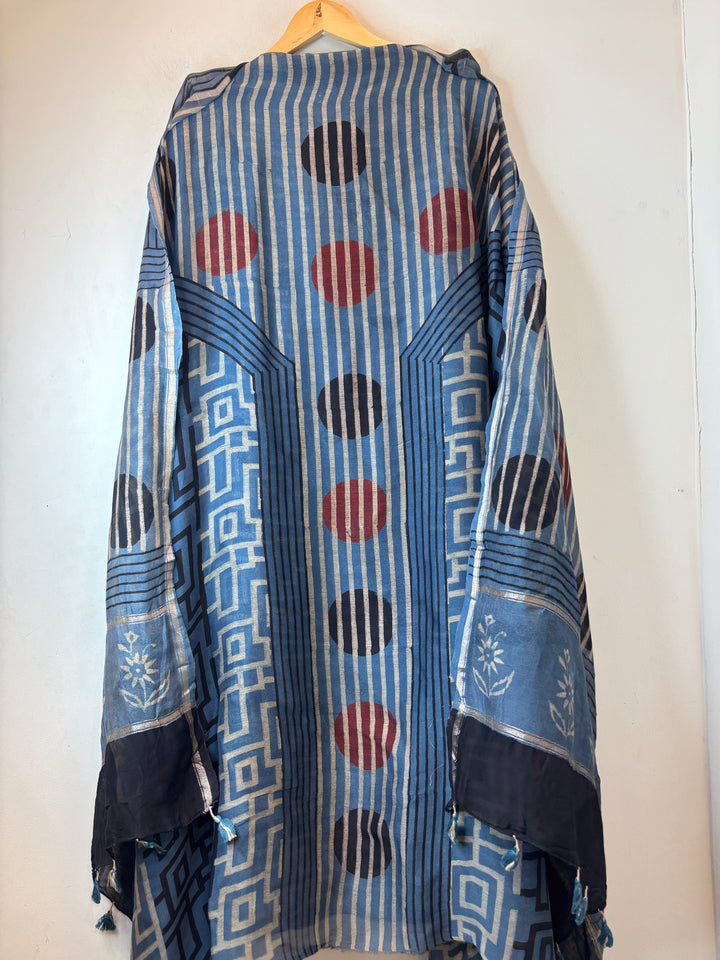 Blue Mul Chanderi Ajrakh Printed Unstitched Suit Set
